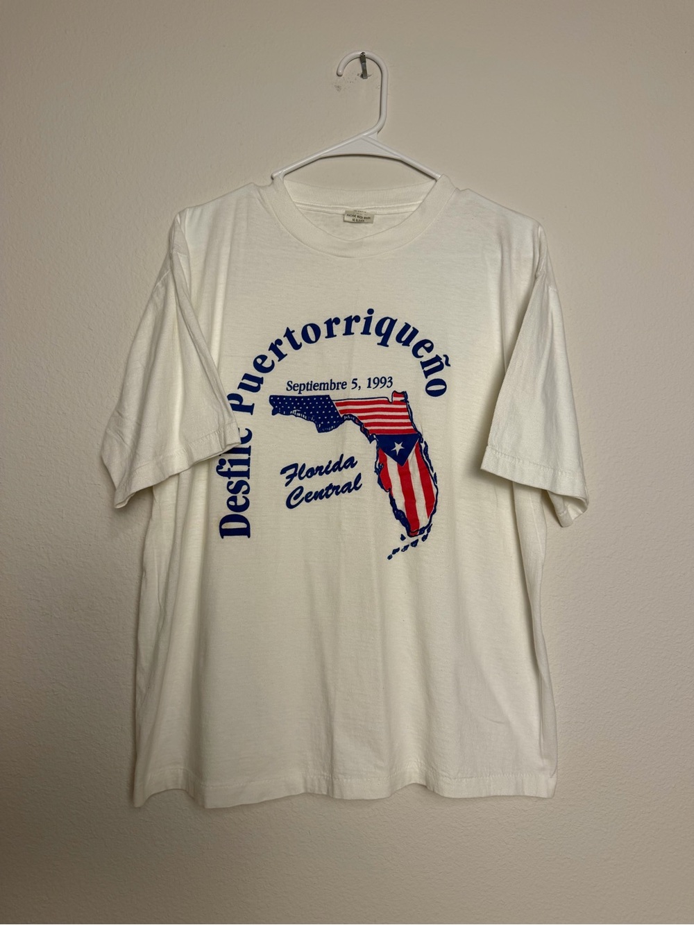 Desfile Puertorriqueño White Graphic Tee Puerto Rico/Florida Design vtg 93 sz L
